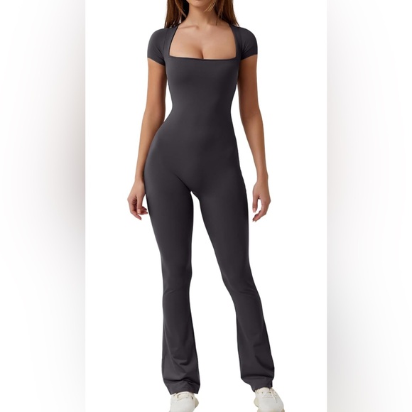 2 Flare Jumpsuits Short Sleeve Square Neck Bodycon Full Length Playsuit - Picture 2 of 9